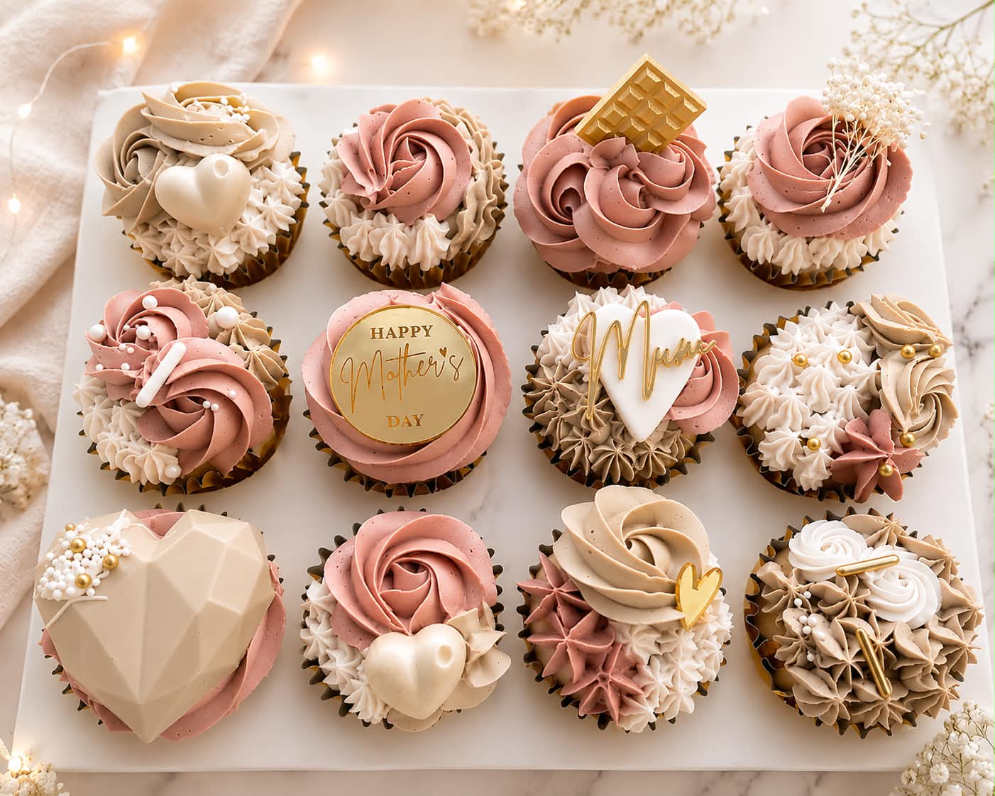 Beautiful cupcakes with swirled frosting and floral toppings