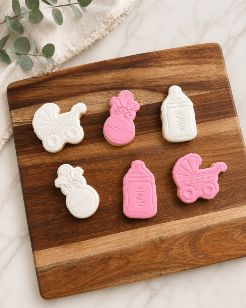 Pink and white baby shower sugar cookies shaped as pram, rattle and baby bottle on a wooden board